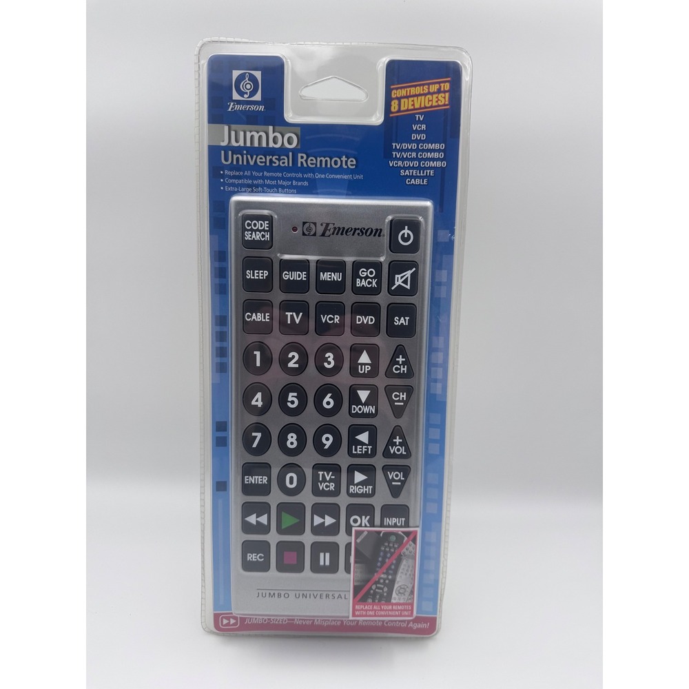 Emerson Jumbo Universal Remote Control 8 Device Large Buttons Silver New